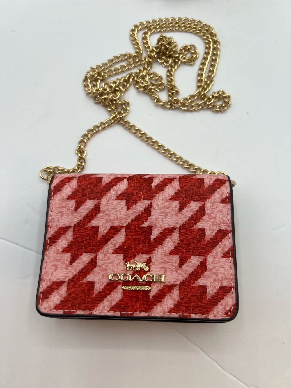 COACH Mini Card Case Wallet ]Pink and Red Houndstooth ] Gold Hardware